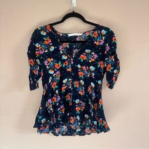 Zara Trafaluc Collection Navy Floral Peplum Ruffle Button Top Ruched Sleeves M